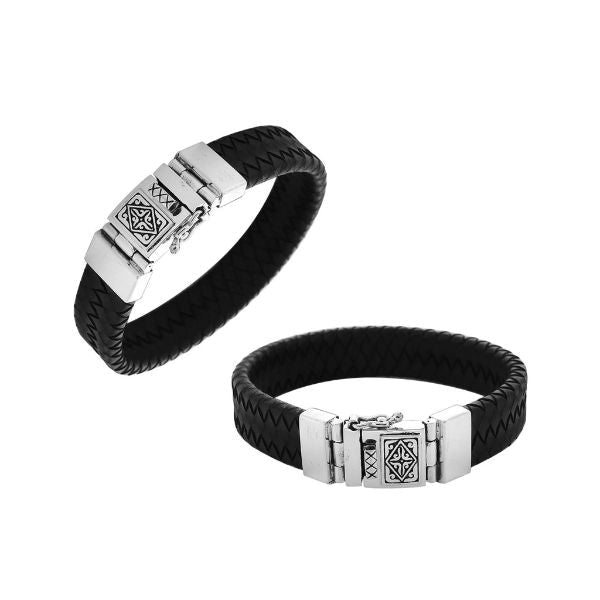 AB-1134-LT-BLK-8.5" Sterling Silver Bracelet With Black Leather Jewelry Bali Designs Inc 