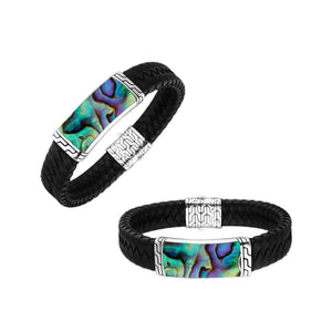Sterling silver bracelet with black braided leather and abalone shell inlay for wholesale