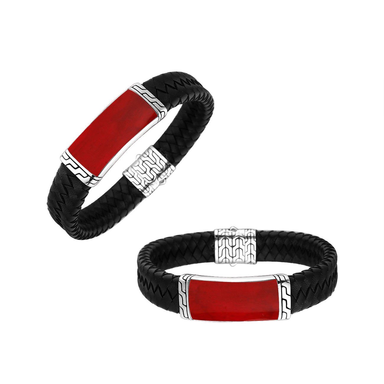 Sterling silver bracelet with black braided leather and red coral inlay for wholesale