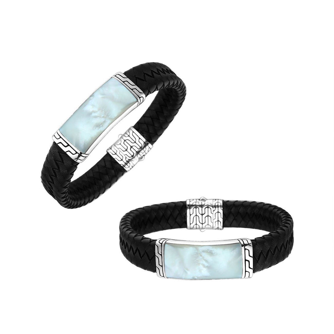 Sterling Silver Bracelet With Black Leather Featuring Mother Of Pearl Accent