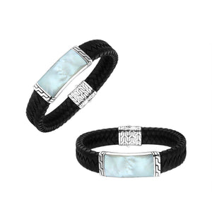 Sterling Silver Bracelet With Black Leather Featuring Mother Of Pearl Accent