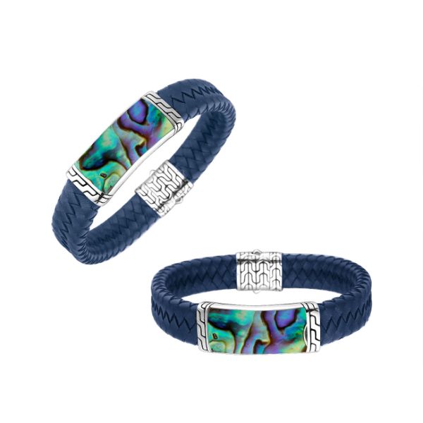 AB-1135-LT-BLUE-AB-7.5" Sterling Silver Bracelet With Blue Leather & Abalone Shell Jewelry Bali Designs Inc 