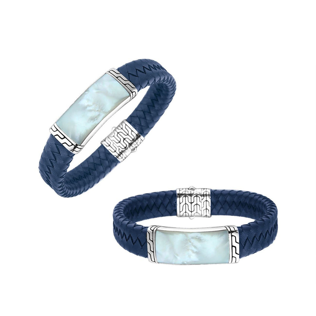 Sterling Silver Bracelet With Blue Leather Featuring Mother Of Pearl Accent