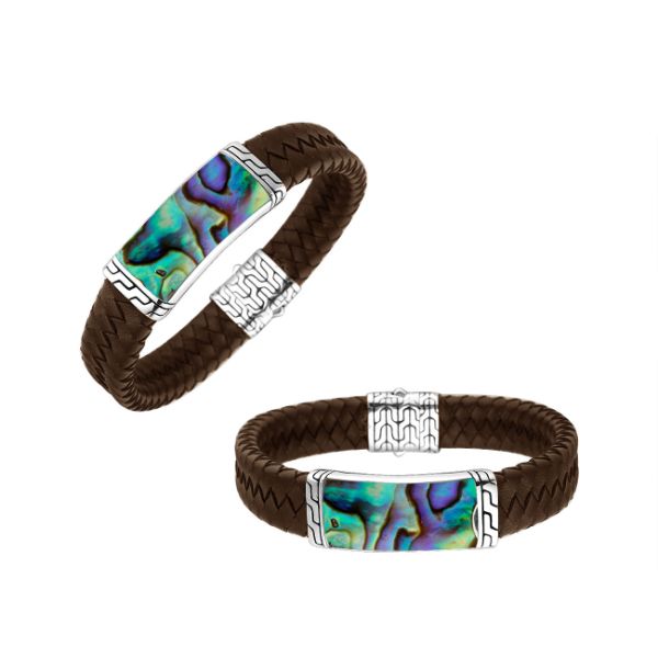 AB-1135-LT-BRW-AB-7.5" Sterling Silver Bracelet With Brown Leather & Abalone Shell Jewelry Bali Designs Inc 
