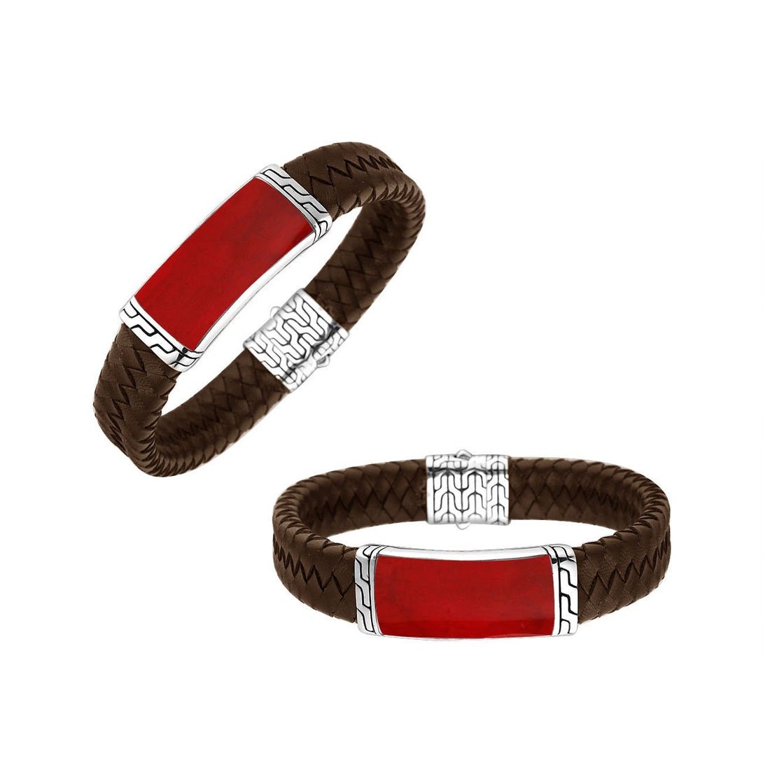 AB-1135-LT-BRW-CR-7.5" Sterling Silver Bracelet With Brown Leather & Coral Jewelry Bali Designs Inc 