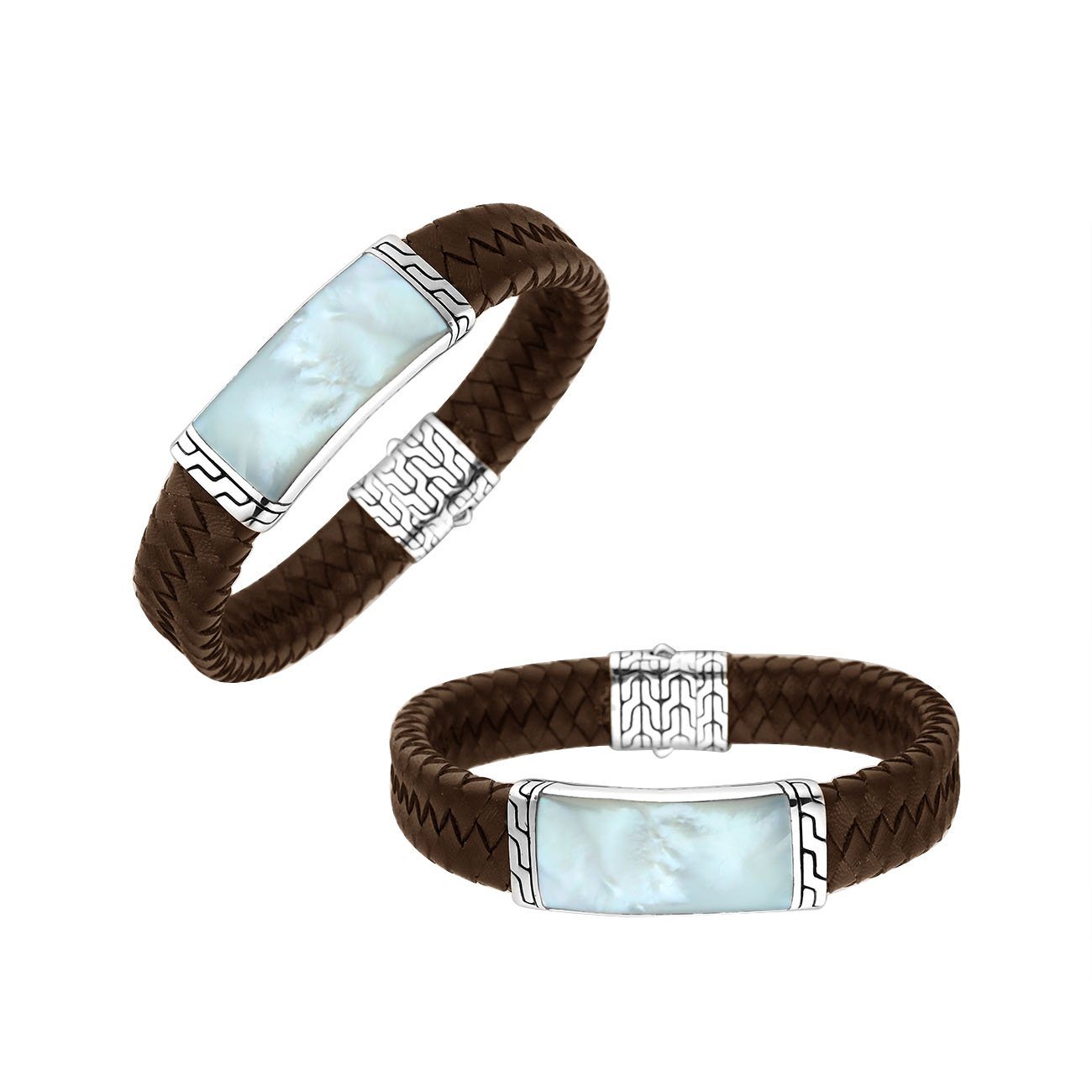 Sterling Silver Bracelet With Brown Leather Featuring Mother Of Pearl Accent