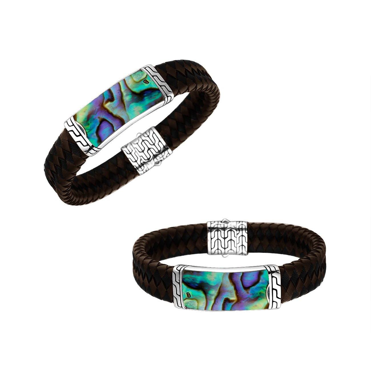 Sterling Silver Bracelet With Mix Leather Featuring Abalone Shell Accent