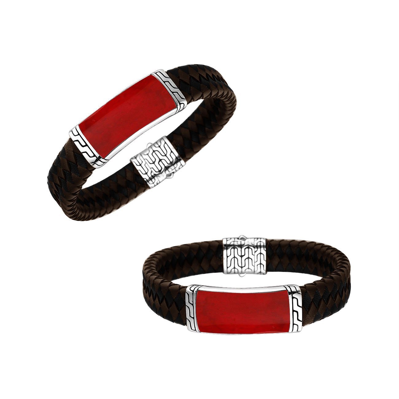 Sterling Silver Bracelet With Mix Leather Featuring Red Coral Accent