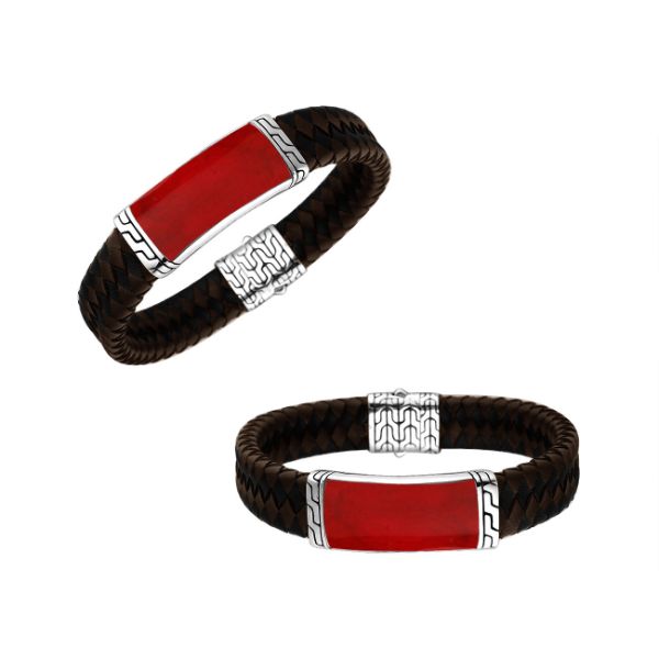 AB-1135-LT-MIXS-CR-7.5" Sterling Silver Bracelet With Leather & Coral Jewelry Bali Designs Inc 