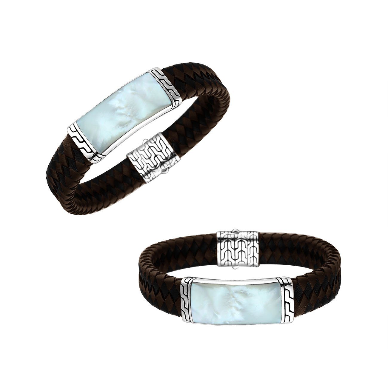 Sterling Silver Bracelet With Mix Leather Featuring Mother Of Pearl Accent