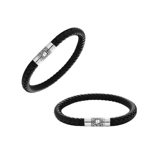 AB-1137-LT-BLK-8" Sterling Silver Bracelet With Black Leather Jewelry Bali Designs Inc 
