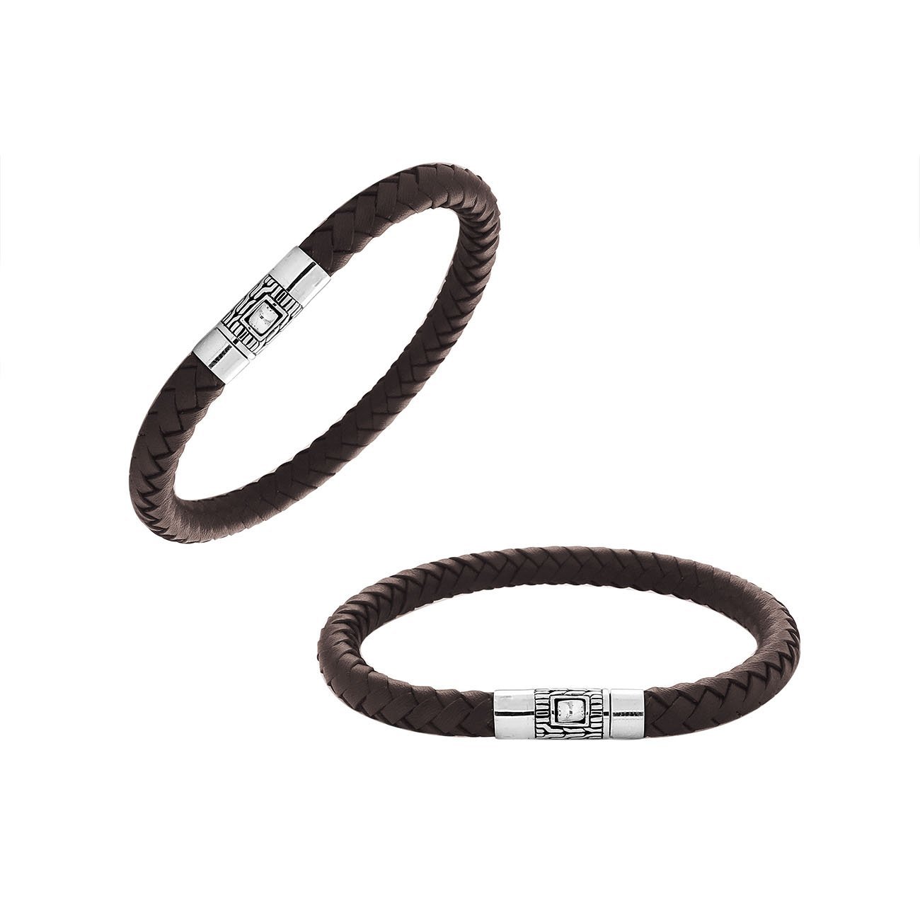 Sterling silver braided brown leather bracelet with sleek push clasp for bulk buyers.