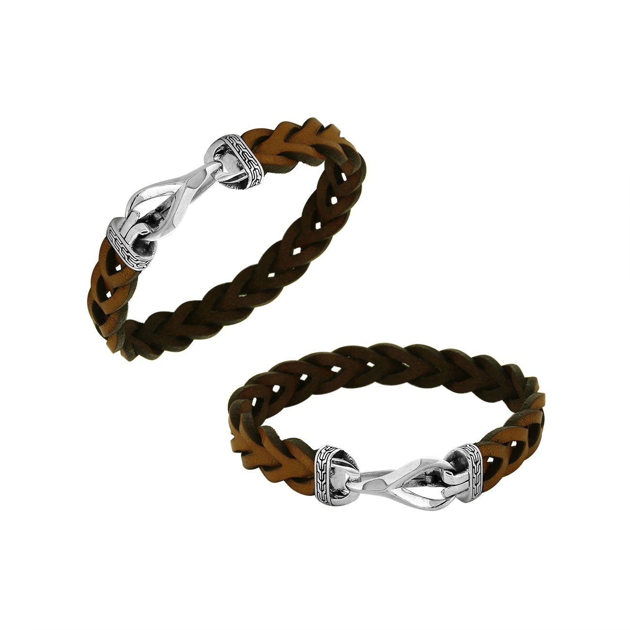Sterling silver cognac brown braided leather bracelet with hook clasp handcrafted design.