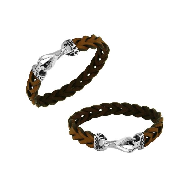 AB-1138-LT-COGNAC-7.5" Sterling Silver Bracelet With Light Brown Leather Jewelry Bali Designs Inc 