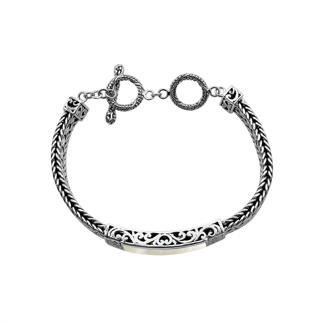 Sterling silver bracelet with Mother Of Pearl inlay and toggle lock handcrafted in Bali.