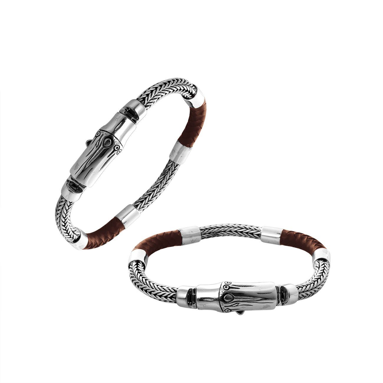 Sterling Silver Braided Chain Bracelet With Brown Leather And Push Clasp