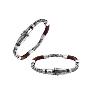 Sterling Silver Braided Chain Bracelet With Brown Leather And Push Clasp