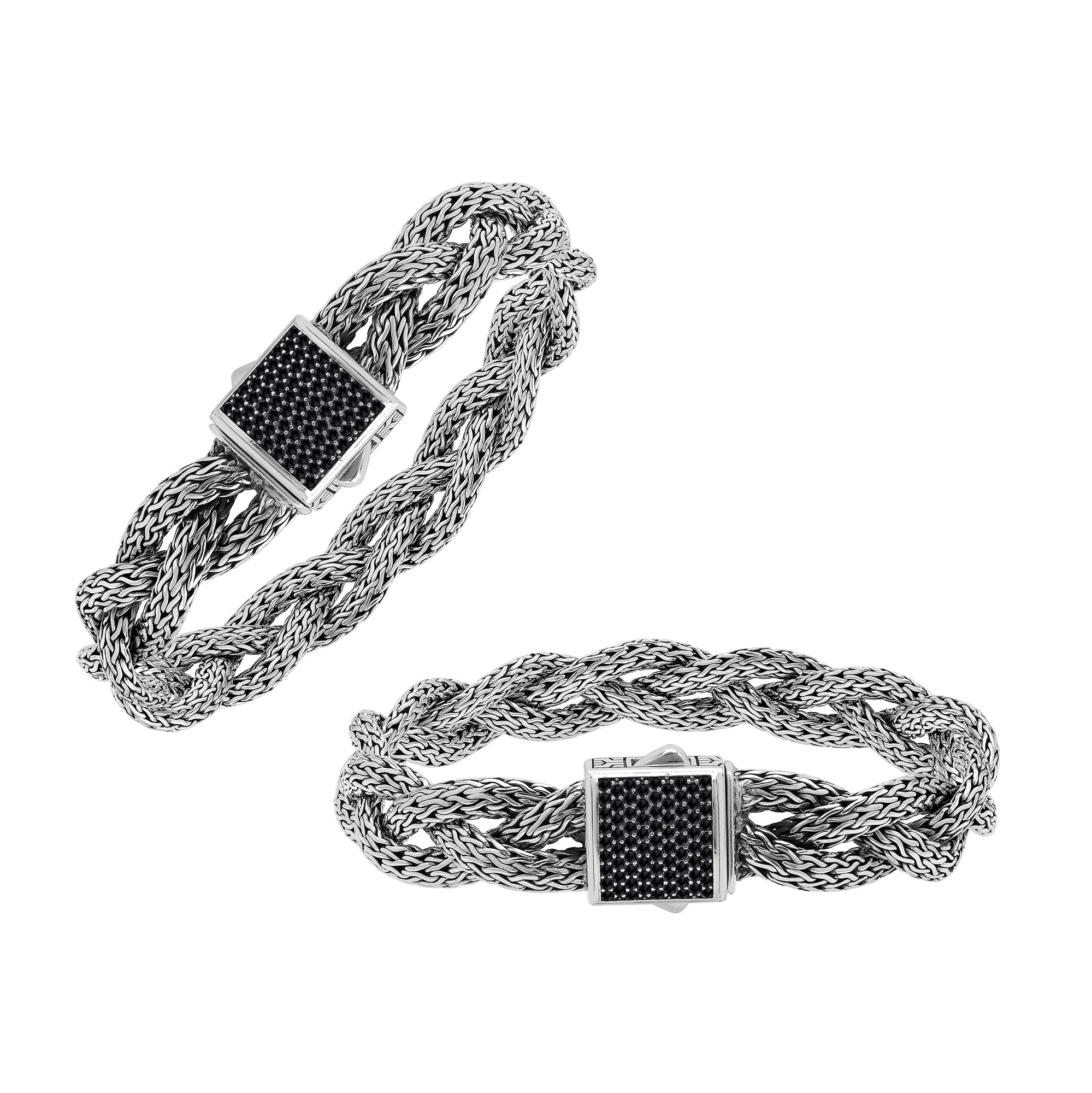 Sterling Silver Twisted Chain Bracelet With Black Zirconia And Box Clasp