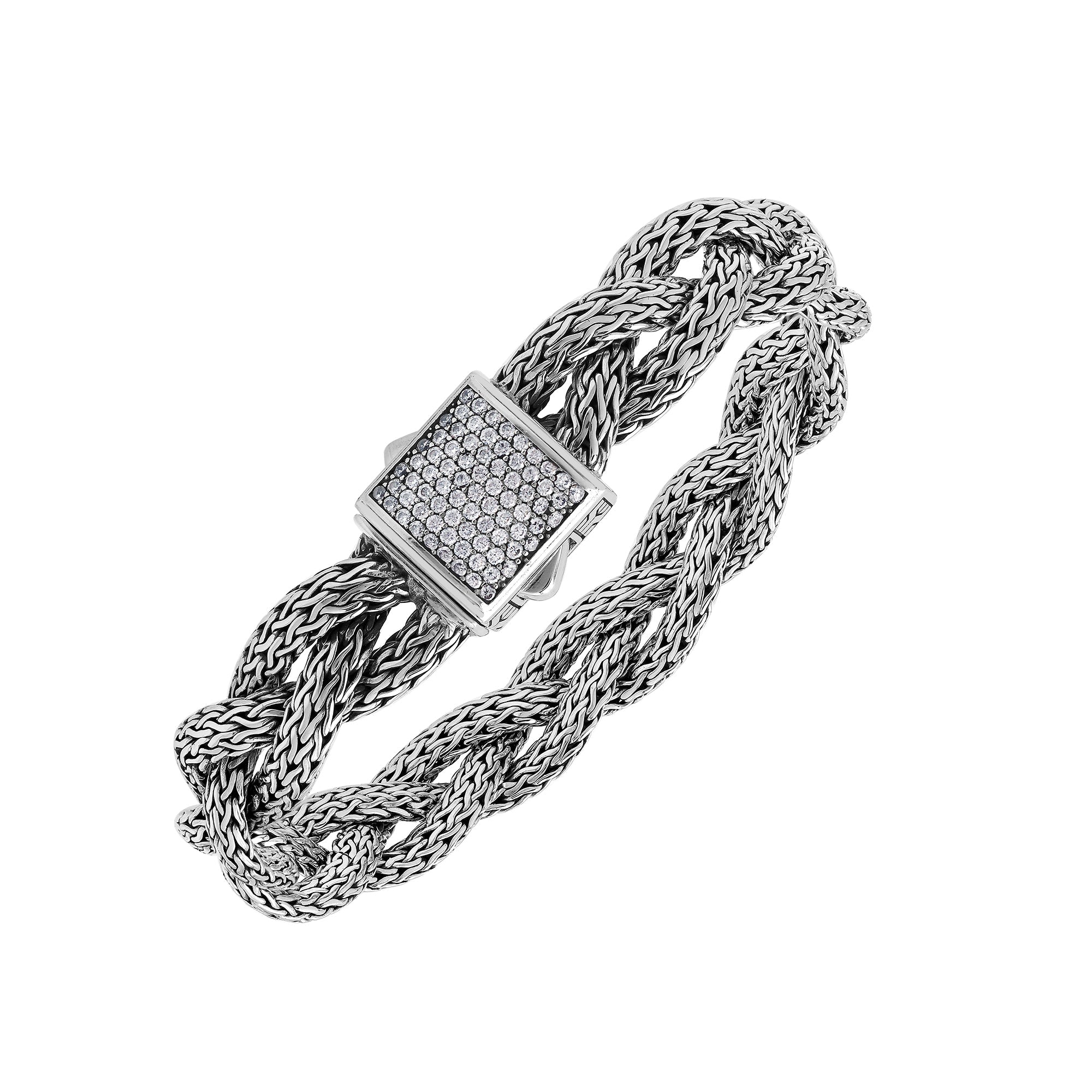 Sterling Silver Twisted Chain Bracelet With White Cubic Zirconia And Box Clasp