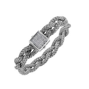 Sterling Silver Twisted Chain Bracelet With White Cubic Zirconia And Box Clasp