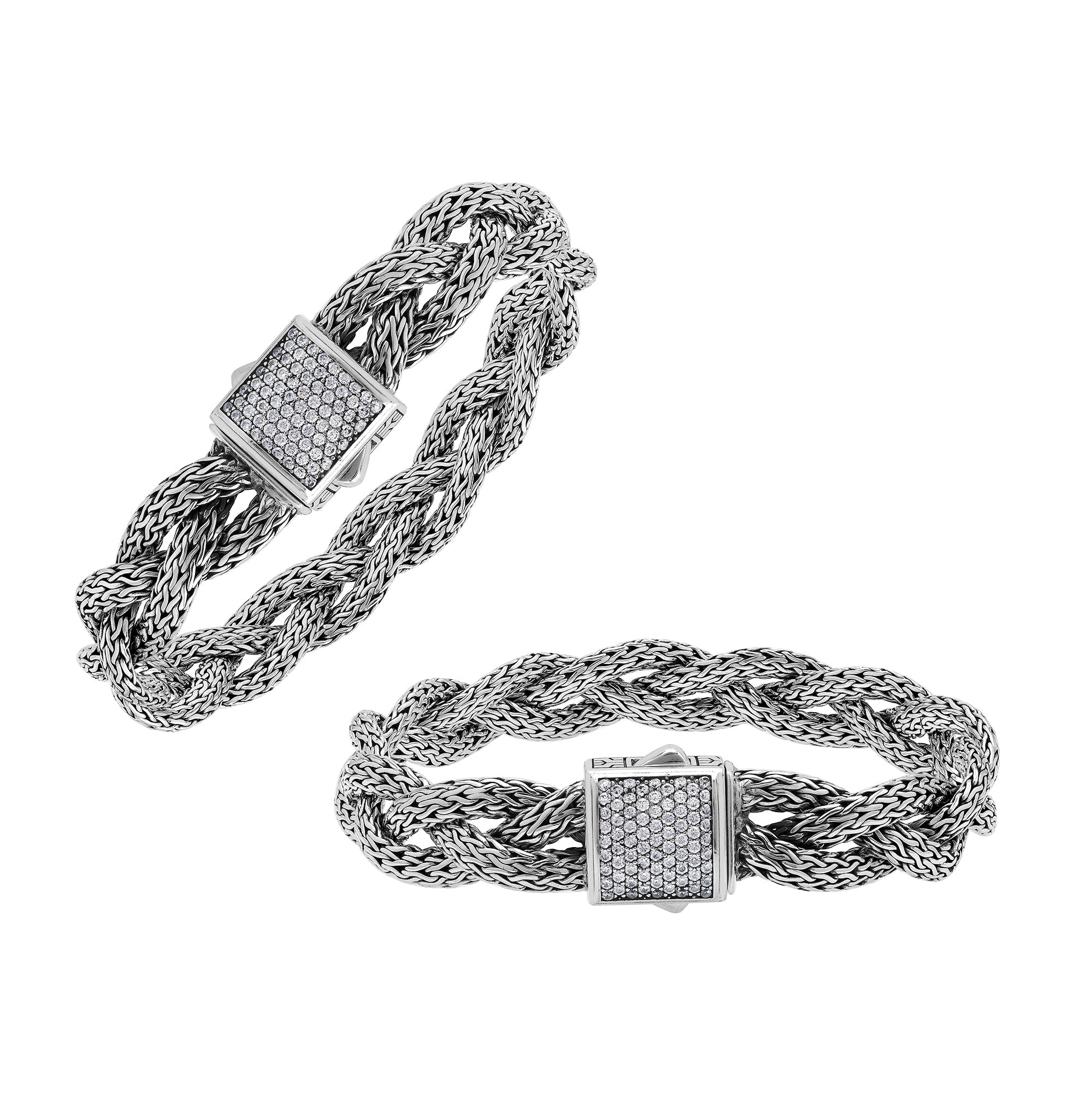 Sterling Silver Twisted Chain Bracelet With White Cubic Zirconia And Box Clasp