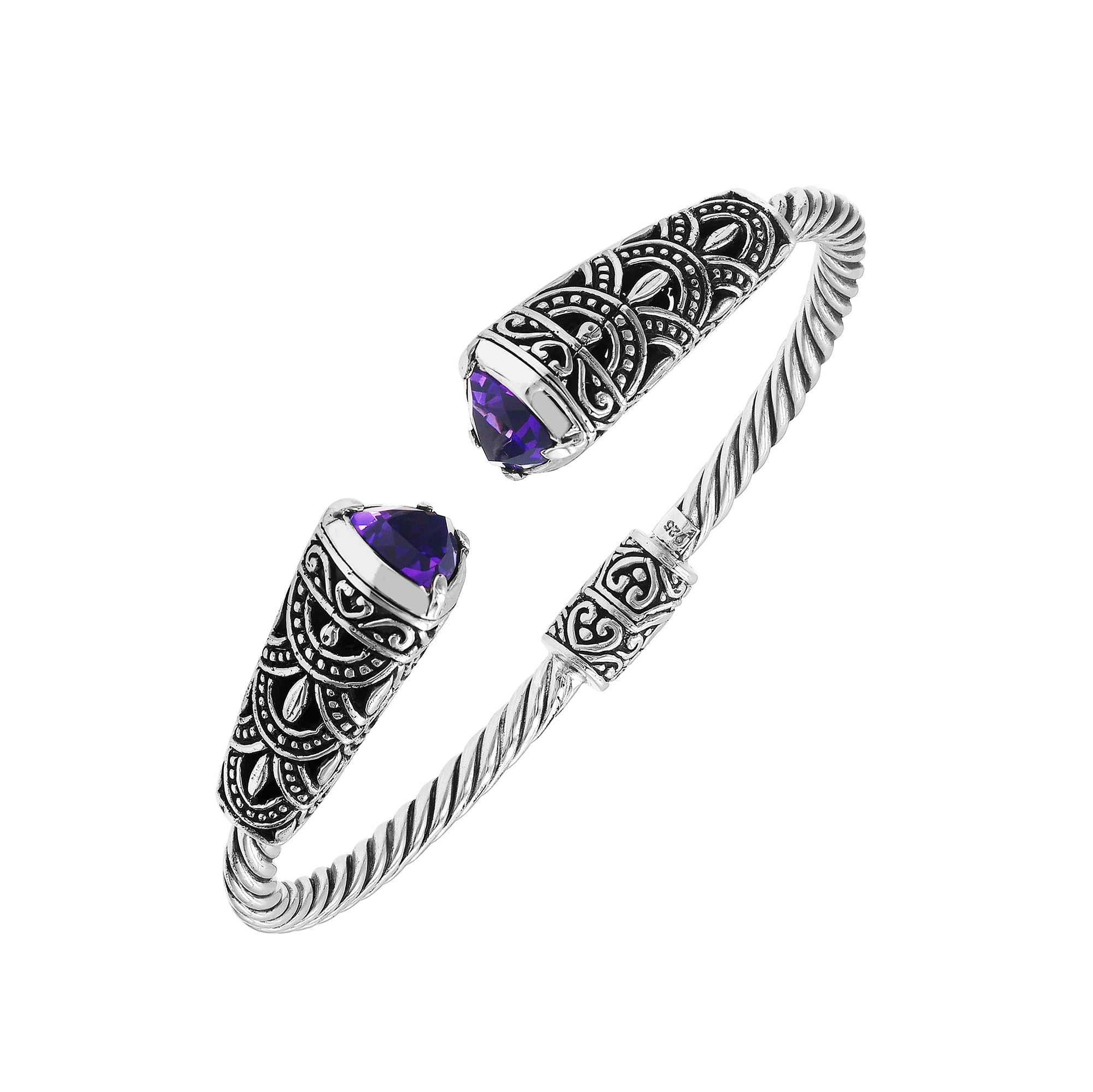 Sterling silver twisted bangle with amethyst quartz ends and oxidized Balinese design