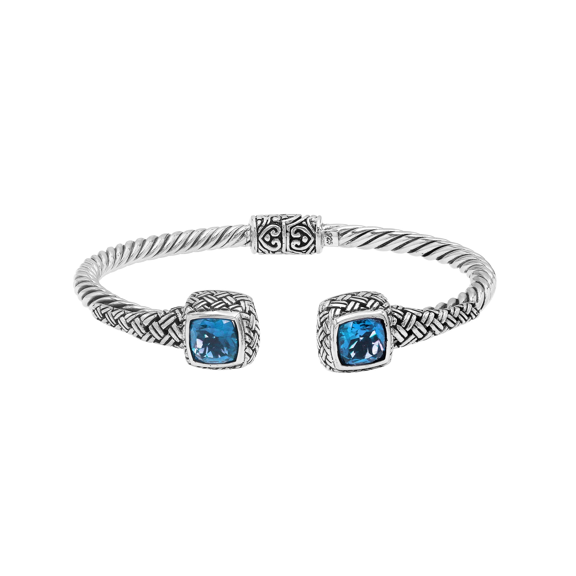 Sterling silver braided bangle with blue topaz quartz ends and Balinese oxidized design