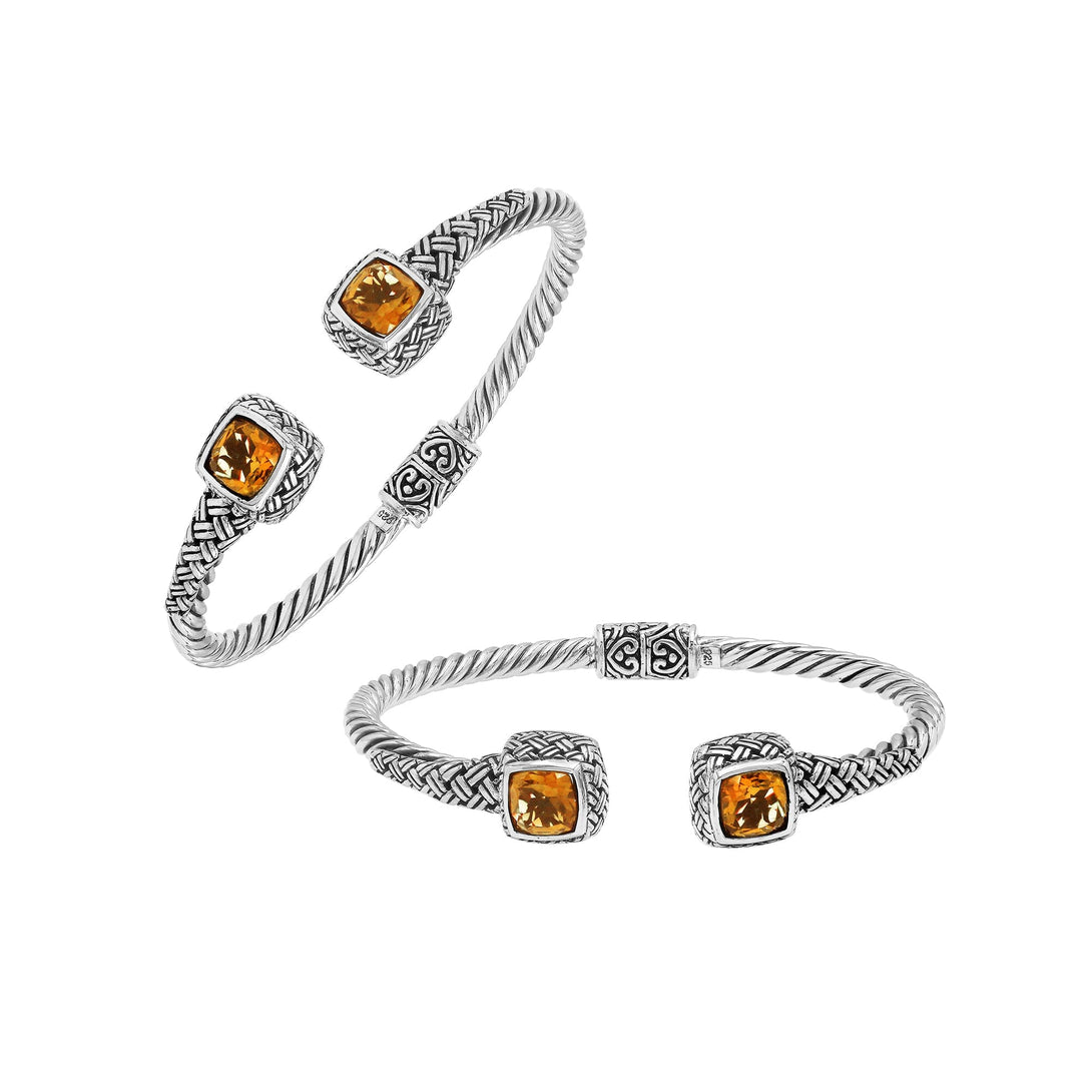 Sterling silver braided bangle with citrine quartz ends and Balinese oxidized design