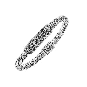 Sterling silver Byzantine chain bracelet with ornate Balinese bar design and oxidized finish