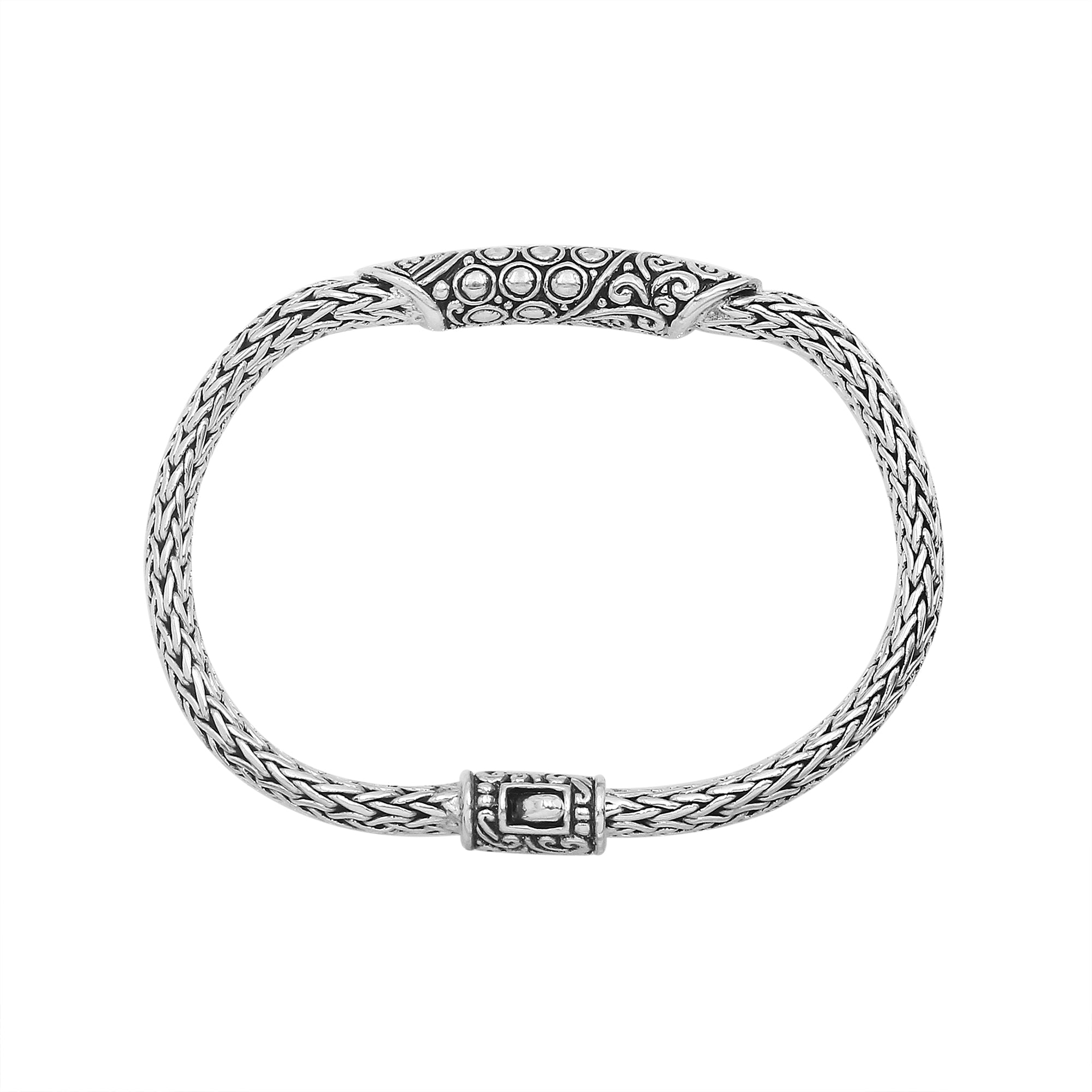 Sterling silver Byzantine chain bracelet with ornate Balinese bar design and oxidized finish