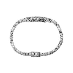 Sterling silver Byzantine chain bracelet with ornate Balinese bar design and oxidized finish