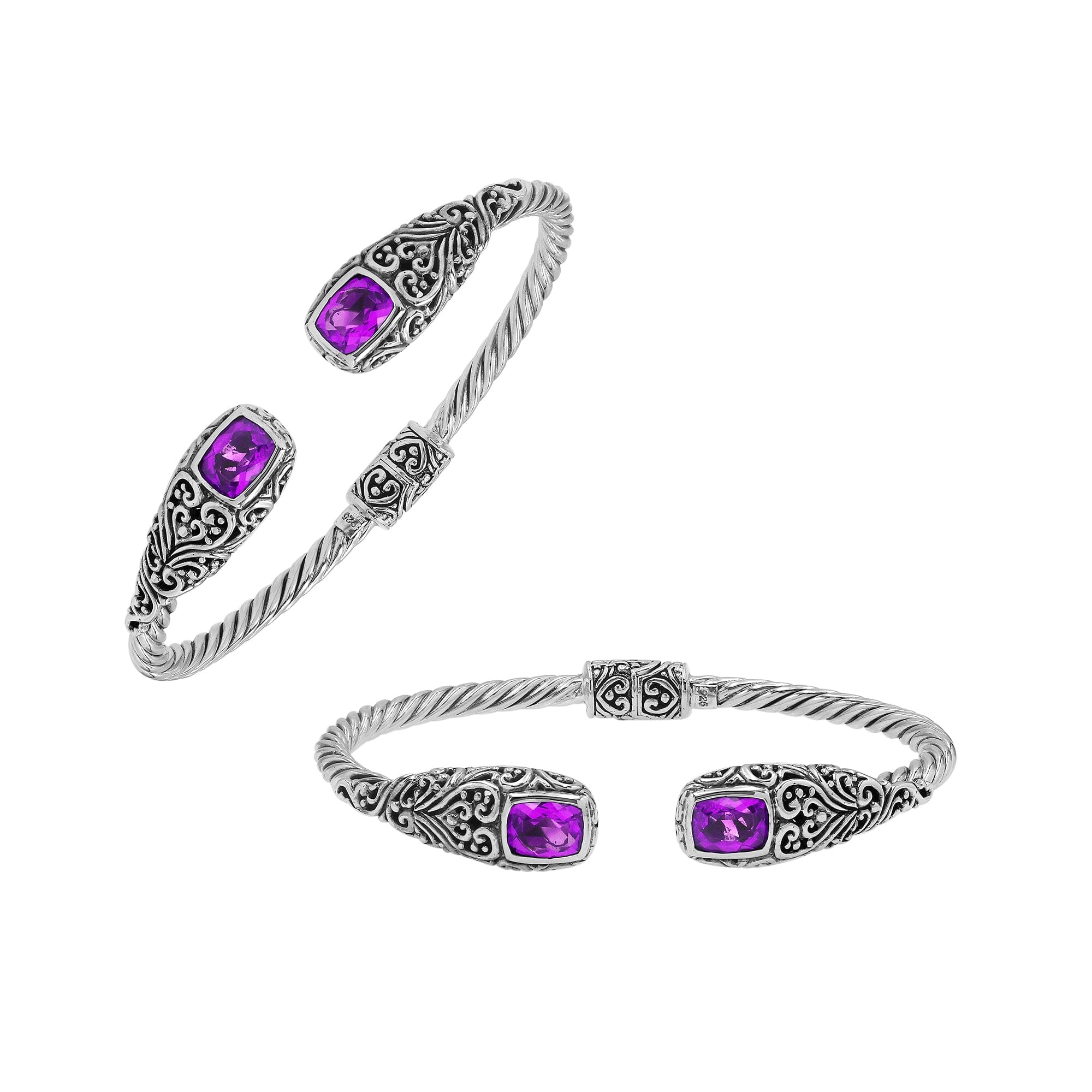 Sterling silver twisted bangle with amethyst quartz ends and Balinese oxidized detailing