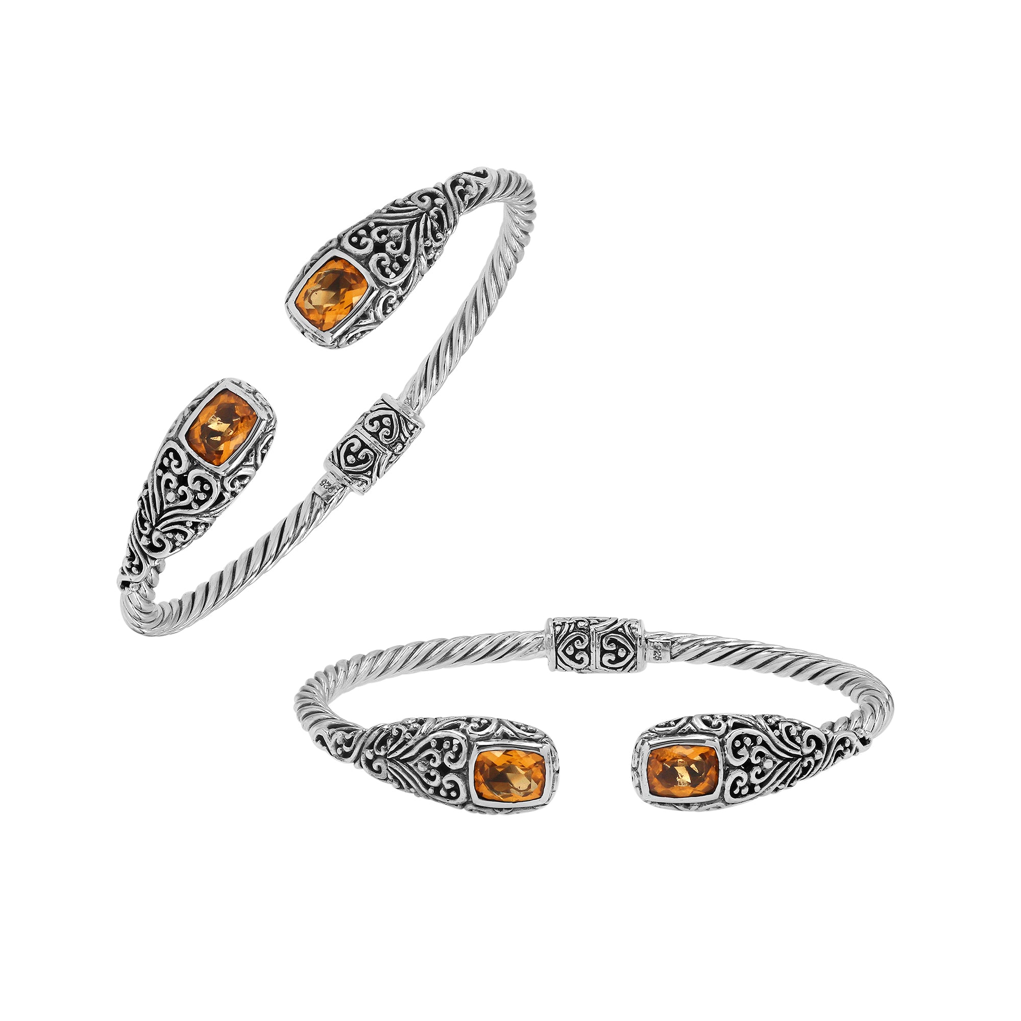 Elegant sterling silver open bangle with citrine quartz accents and Balinese engraved pattern