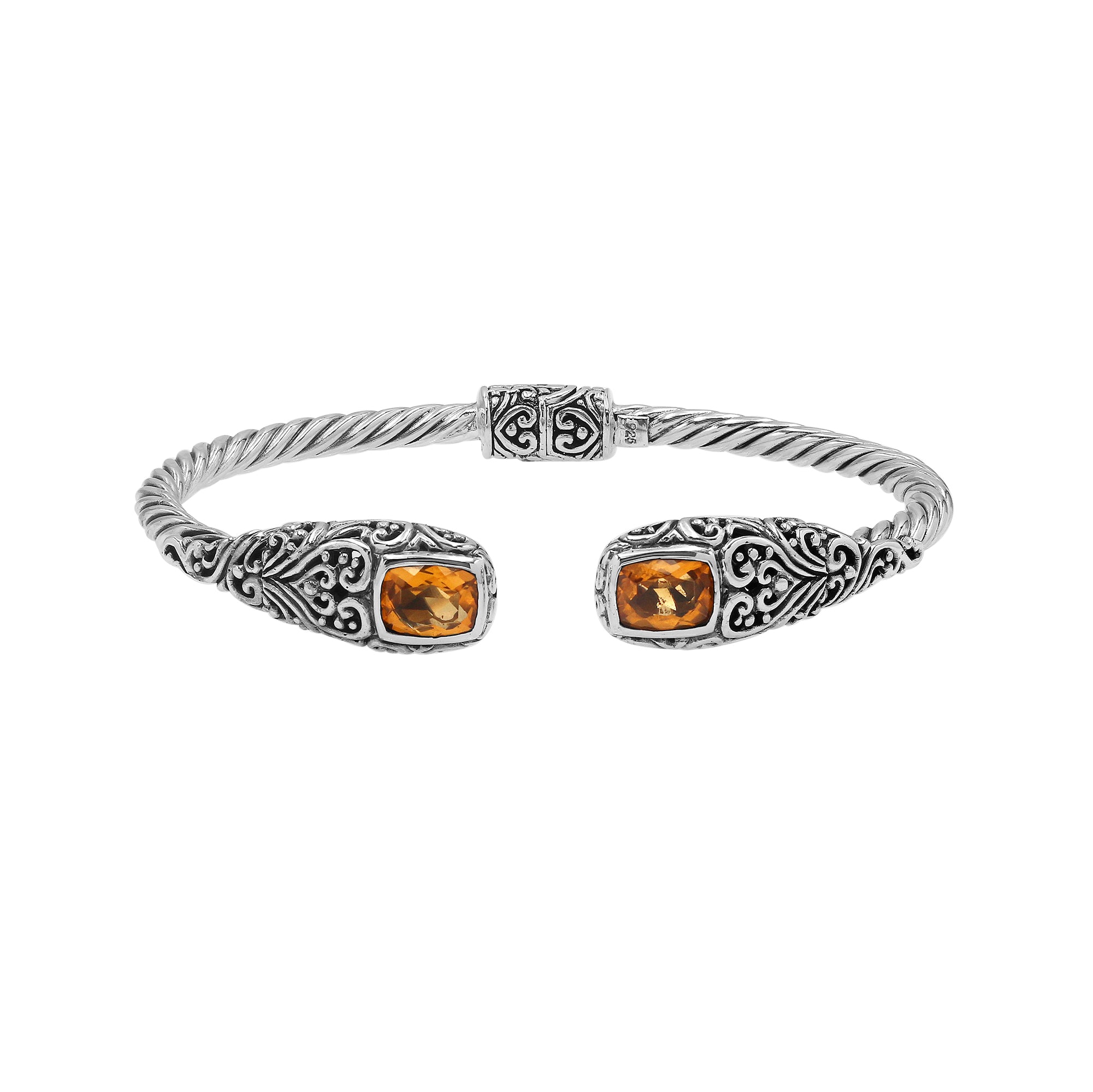 Elegant sterling silver open bangle with citrine quartz accents and Balinese engraved pattern