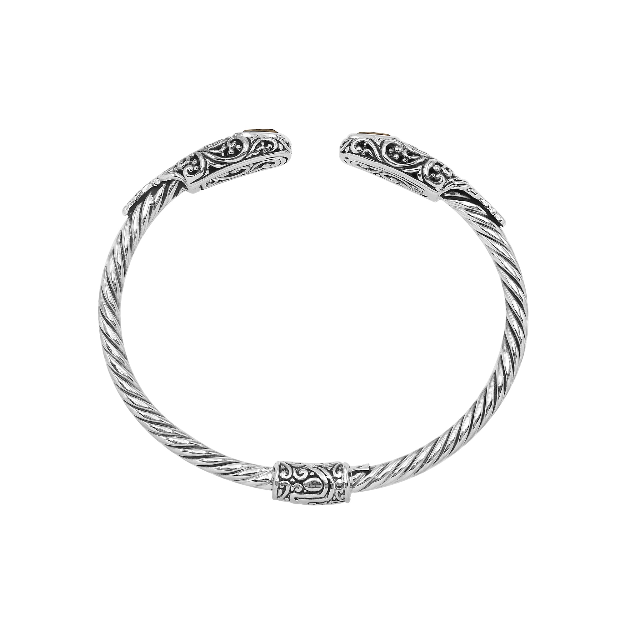 Elegant sterling silver open bangle with citrine quartz accents and Balinese engraved pattern