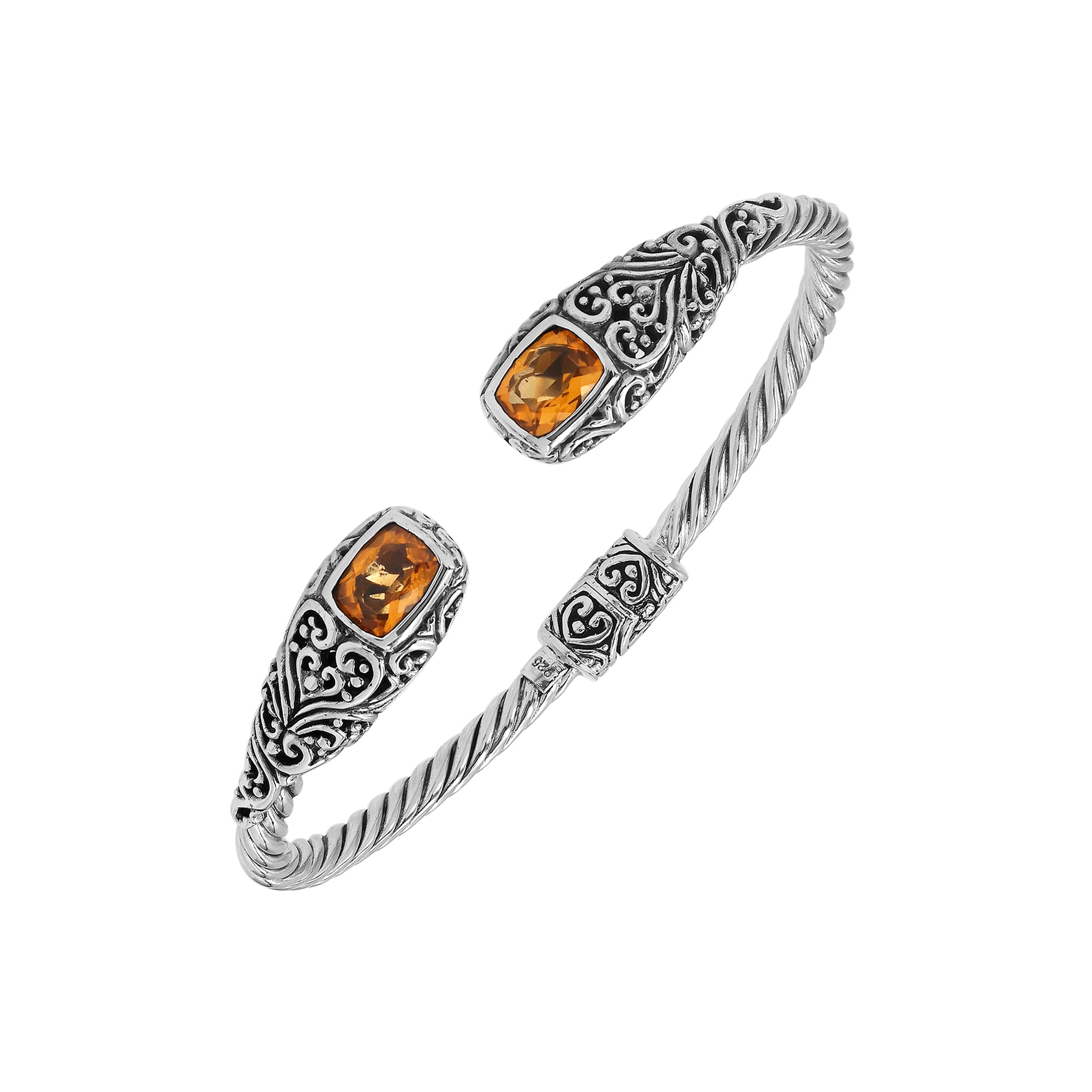 Elegant sterling silver open bangle with citrine quartz accents and Balinese engraved pattern