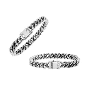 Sterling silver Cuban chain bracelet with engraved Balinese clasp and oxidized finish