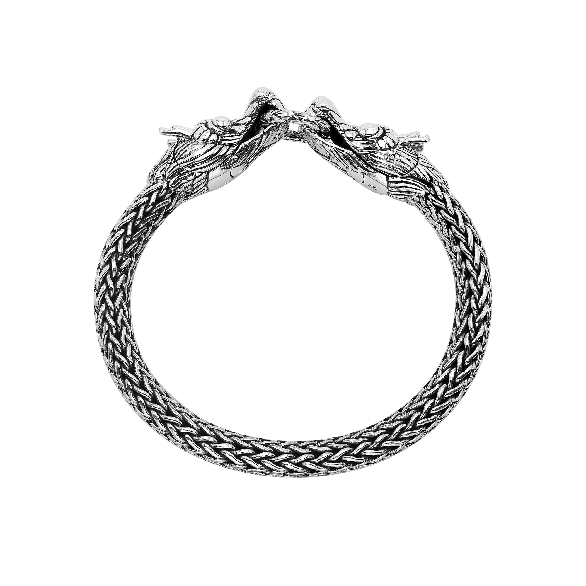 Sterling silver double dragon head bracelet with woven chain and oxidized finish