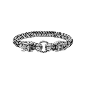 Sterling silver double dragon head bracelet with woven chain and oxidized finish