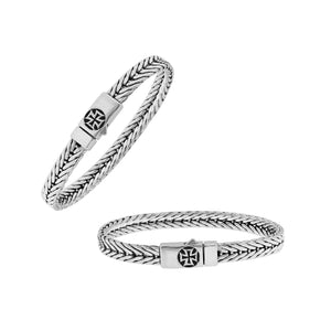 Sterling silver wheat chain bracelet with cross engraved clasp and oxidized finish