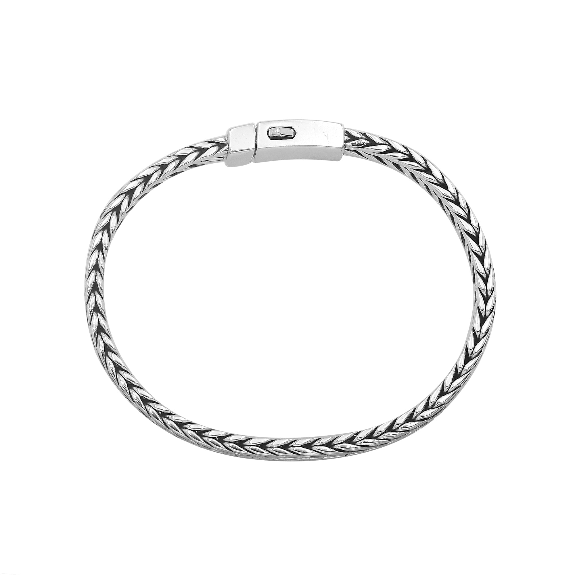 Sterling silver wheat chain bracelet with cross engraved clasp and oxidized finish