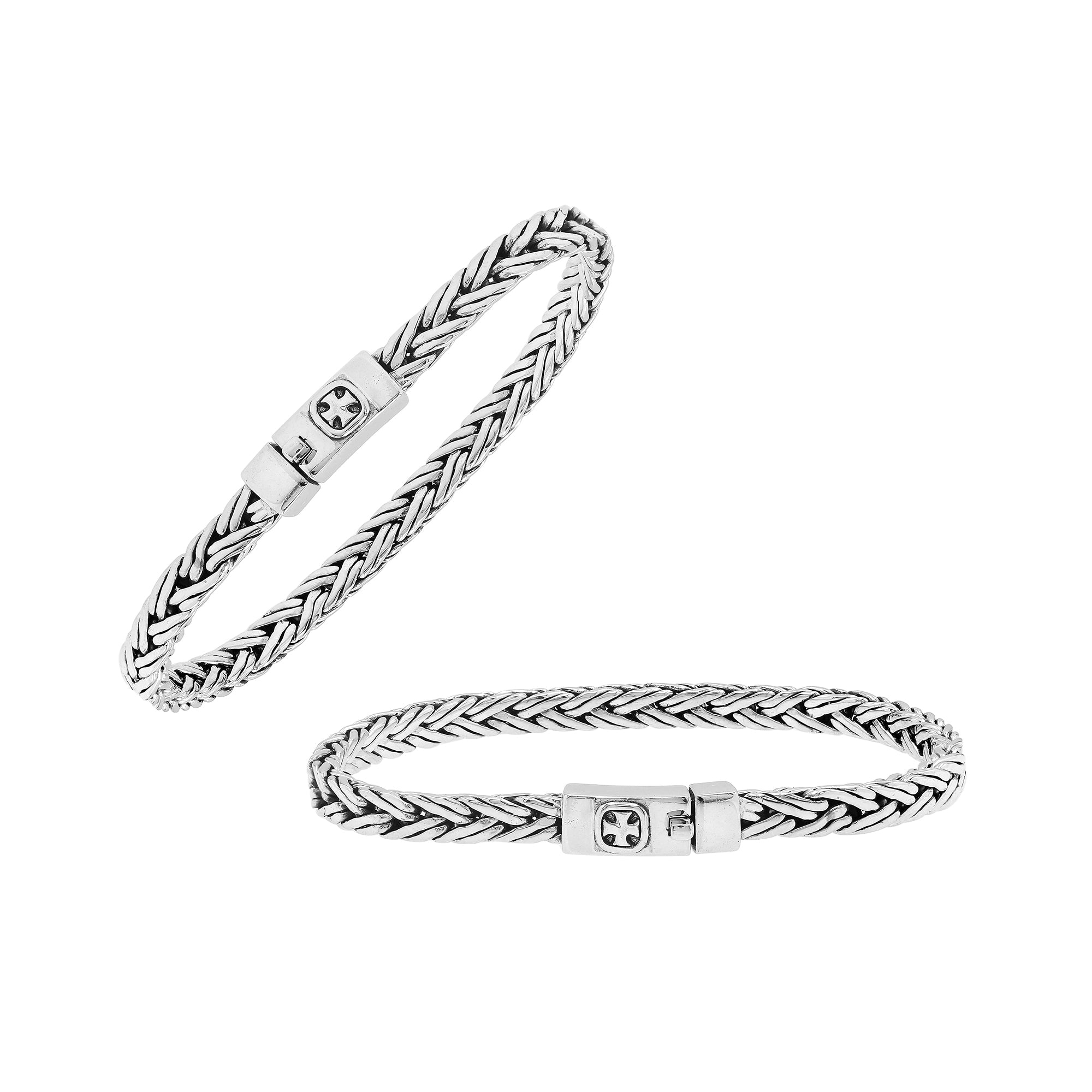 Sterling silver wheat chain bracelet with cross engraved push clasp and oxidized finish