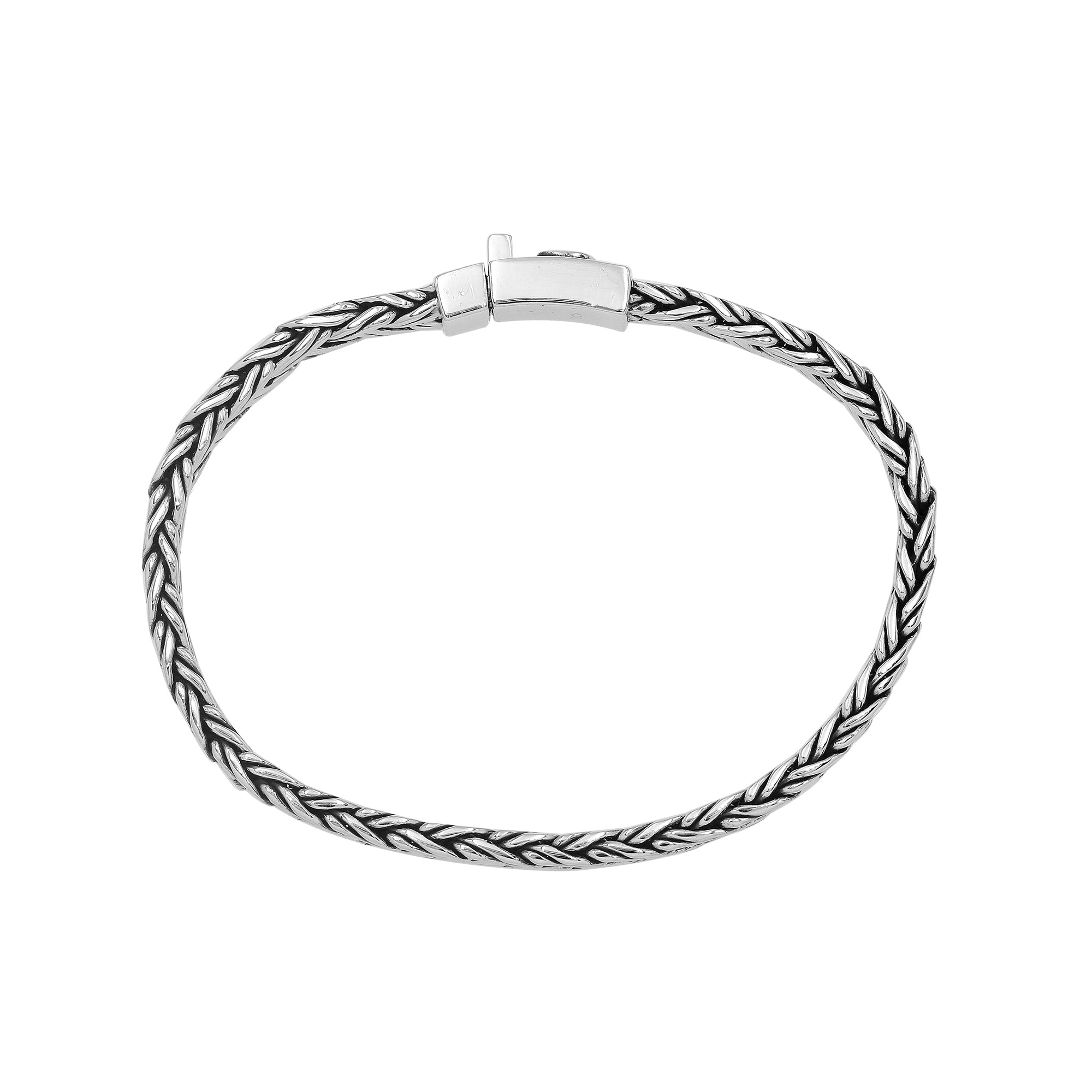 Sterling silver wheat chain bracelet with cross engraved push clasp and oxidized finish