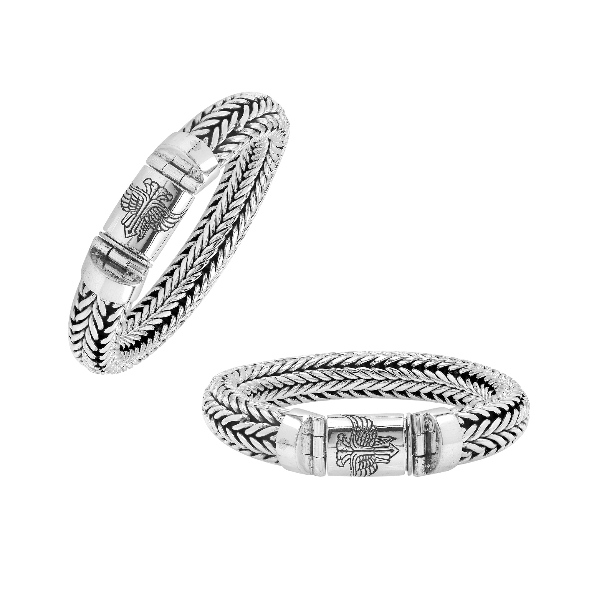 Sterling silver wheat chain bracelet with eagle engraved clasp and oxidized finish