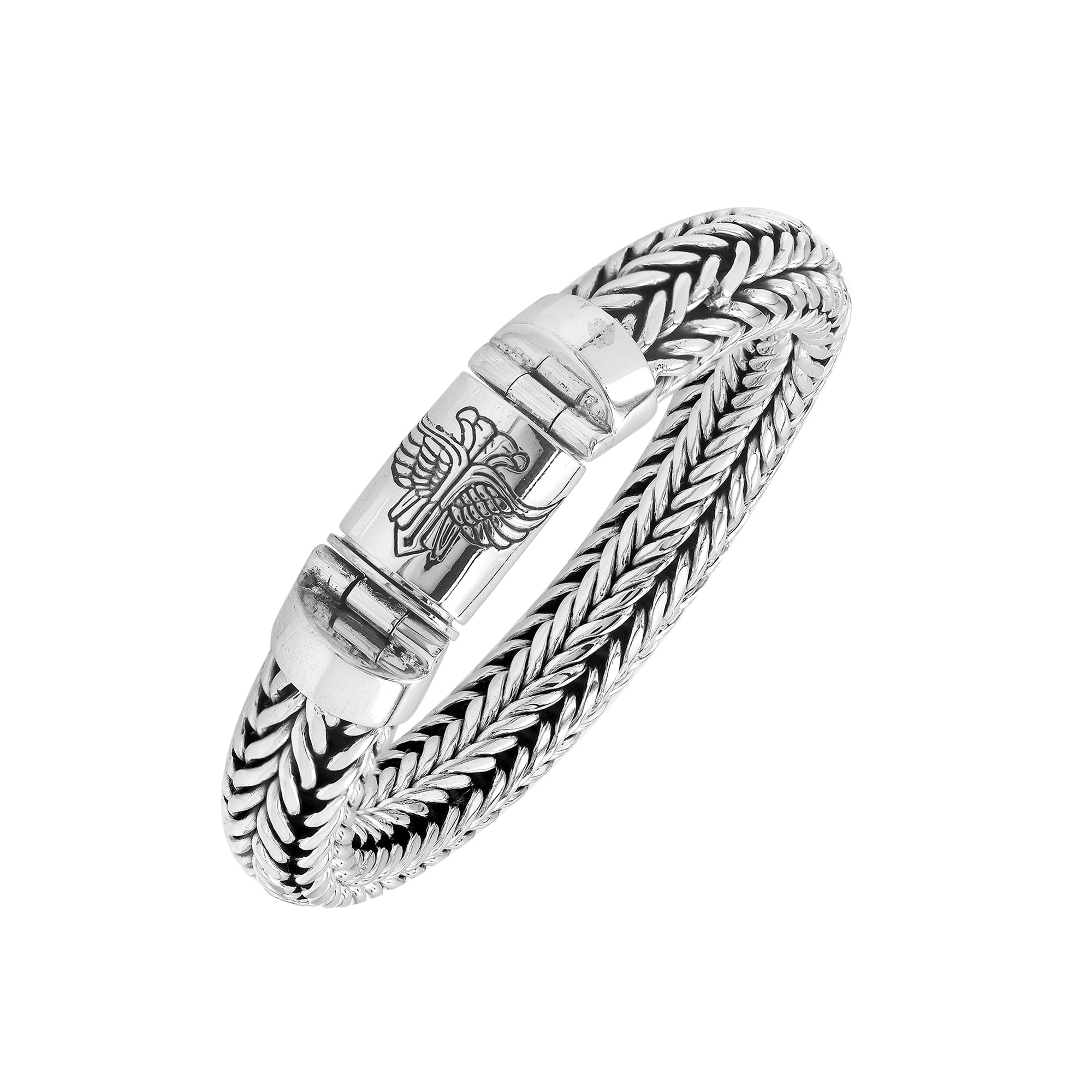 Sterling silver wheat chain bracelet with eagle engraved clasp and oxidized finish