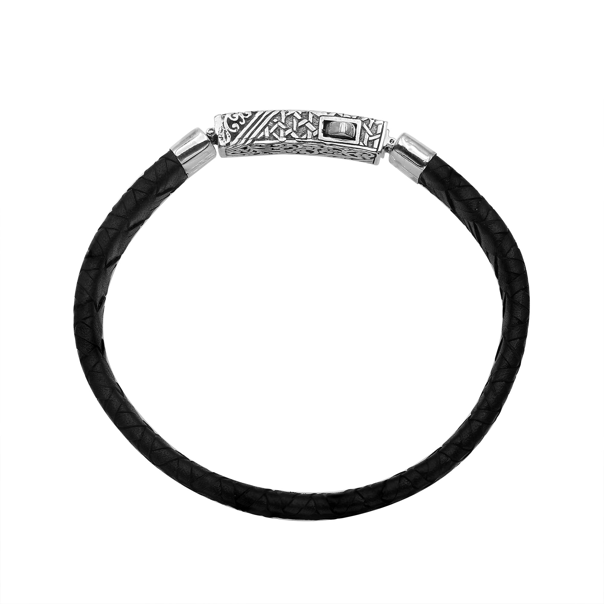 Sterling silver and black leather bracelet with ornate Balinese clasp and oxidized finish