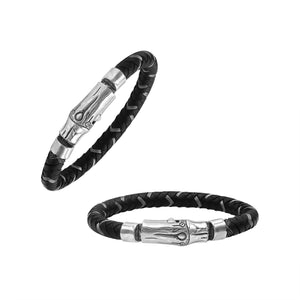 Sterling silver and black leather bracelet with polished clasp handcrafted in Bali