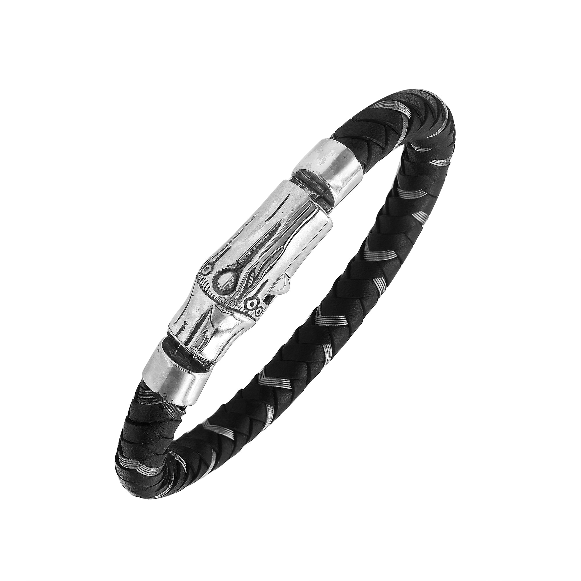 Sterling silver and black leather bracelet with polished clasp handcrafted in Bali
