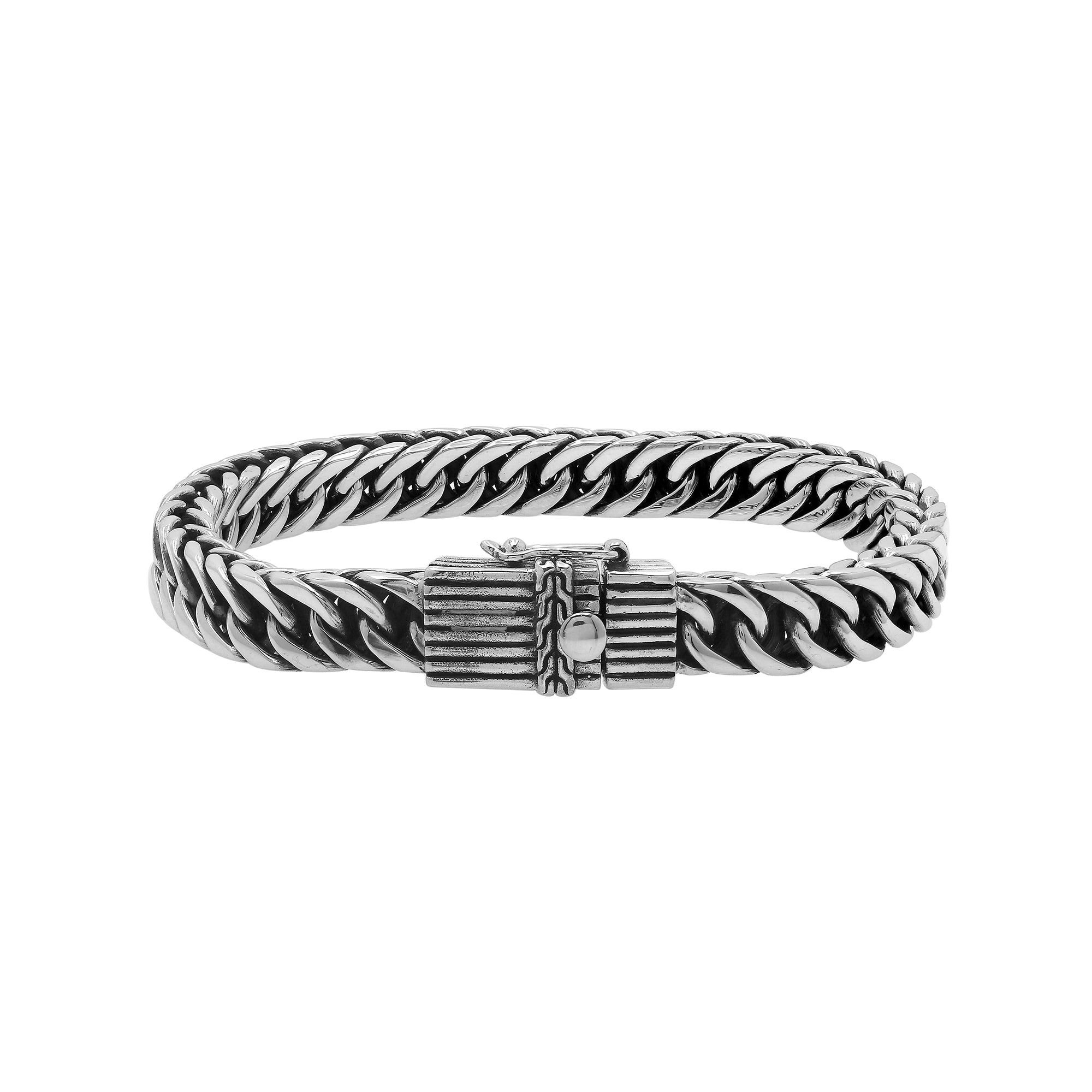 Sterling silver curb chain bracelet with textured box clasp handcrafted in Bali