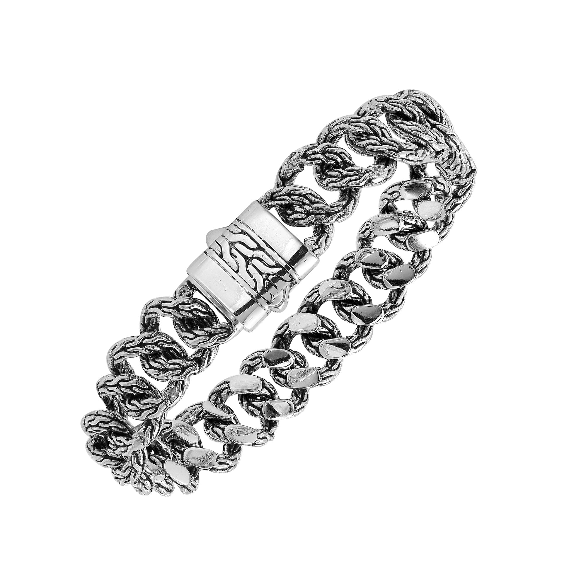 925 Sterling Silver Mix Chain Bracelet With Push Clasp Featuring Curb And Rope Design